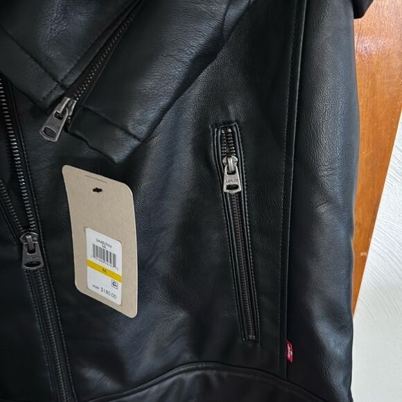 Levis Jacket Mens Medium Black Zip Pockets Faux Leather - Picture 3 of 4